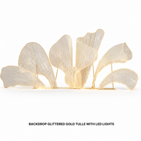 CELEBRATIONS GRAND CAYMAN RENTAL PARTY EVENTS CUSHION BACKDROP GLITTERED GOLD TULLE WITH LED LIGHTS
