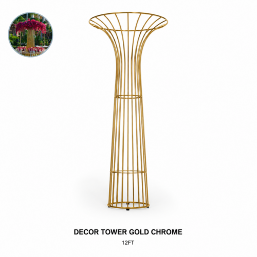 DECOR_TOWER_GOLD_CHROME_12FT_GOLD_CHROME_DECOR_TOWER_FLORAL_DISPLAY_STAND_TALL_CENTERPIECE_STRUCTURE_HANGING_FLOWER_INSTALLATION_FRAME_MODERN_EVENT_DECOR_LUXURY_DISPLAY_RENTAL_WEDDINGS_EVENTS_PARTY_CAYMAN_ISLANDS_CELEBRATIONS