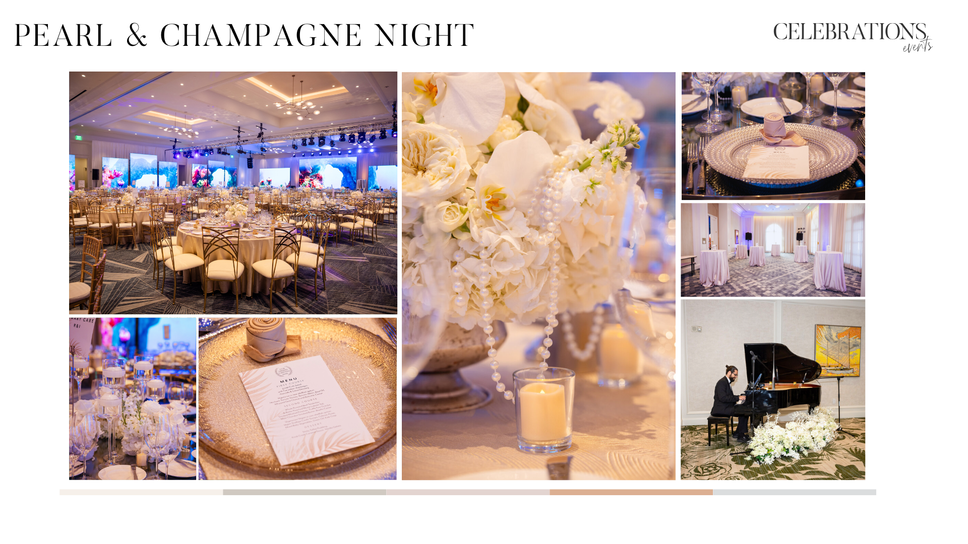 legant place setting featuring mother-of-pearl charger plates, champagne flutes with pearl-etched stems, and cascading centerpieces of white phalaenopsis orchids and glass-beaded branches
