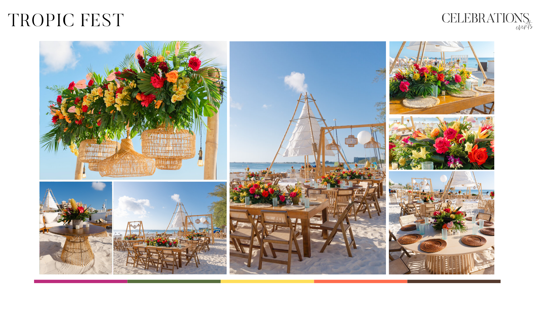 Overhead shot of the full beach transformation - wooden lounge pods, a dance floor bordered by palm fronds, and turquoise ocean waves meeting the vibrant event design in the Cayman Islands