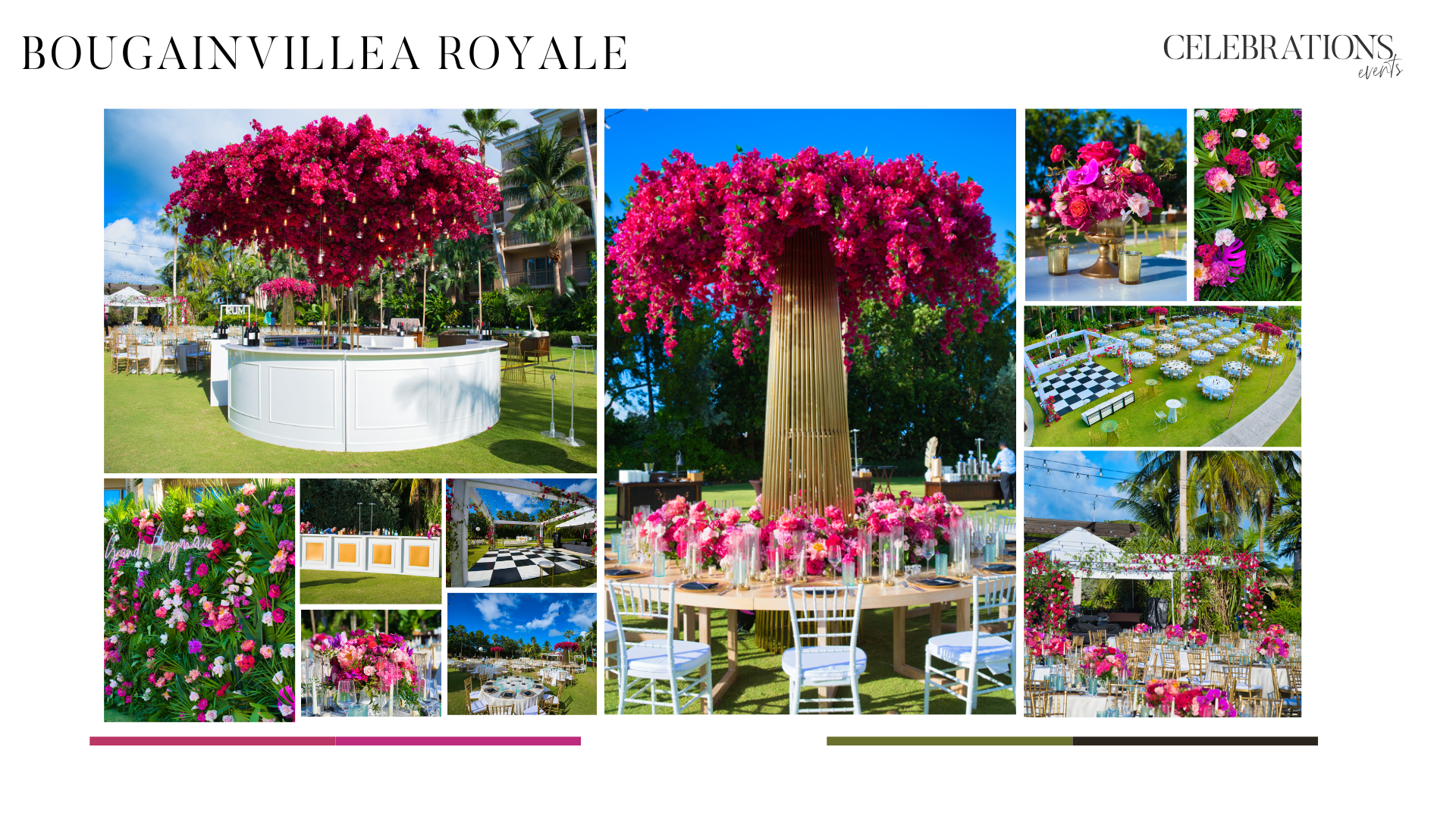 Three towering floral arches dripping with 10,000 silk bougainvillea blooms at The Ritz, with guests mingling beneath the pink floral canopy at this luxury corporate event in the Cayman Islands