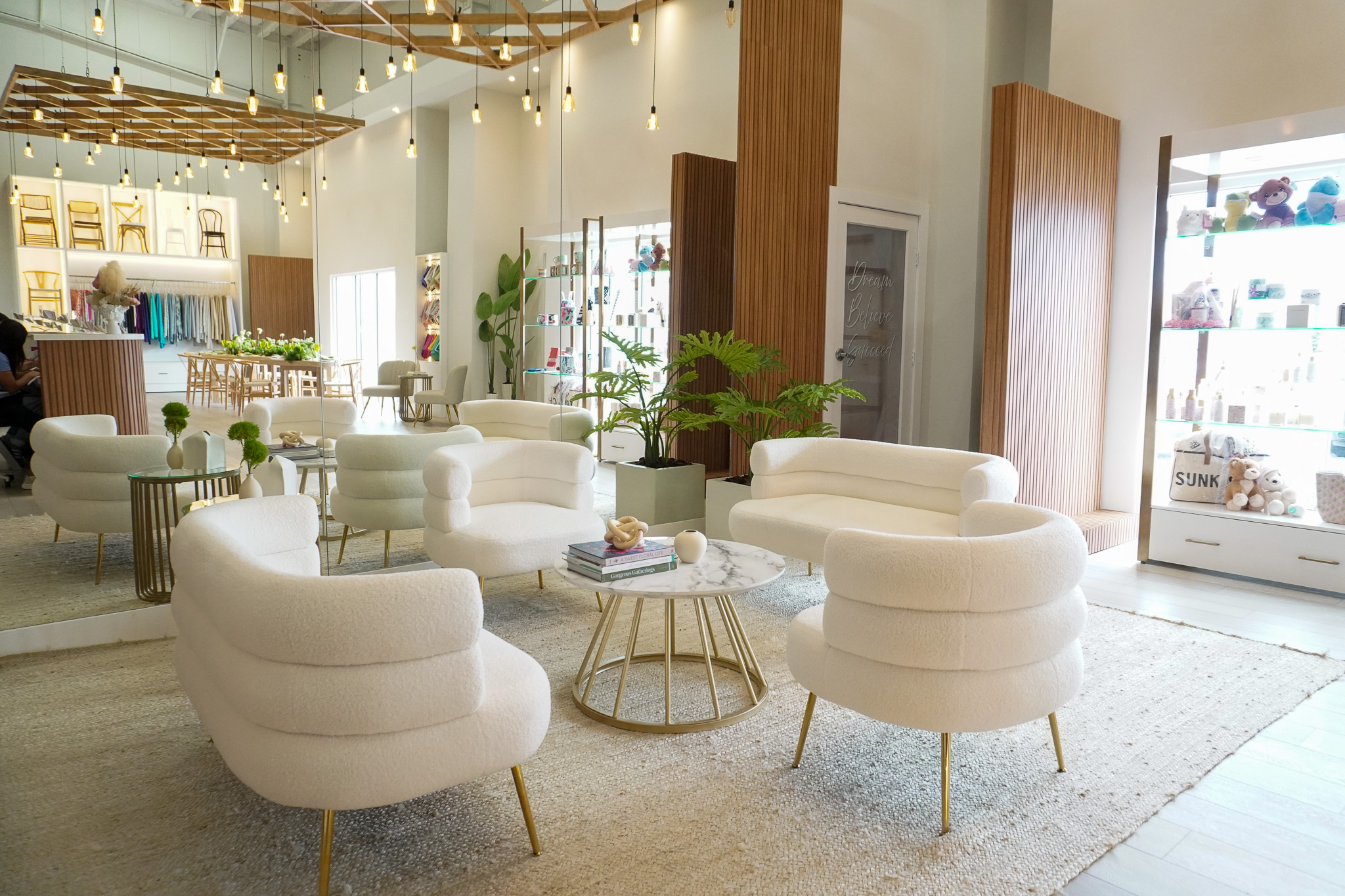 legant lounge space at Celebrations Cayman showroom where couples can relax and discuss their wedding and event vision