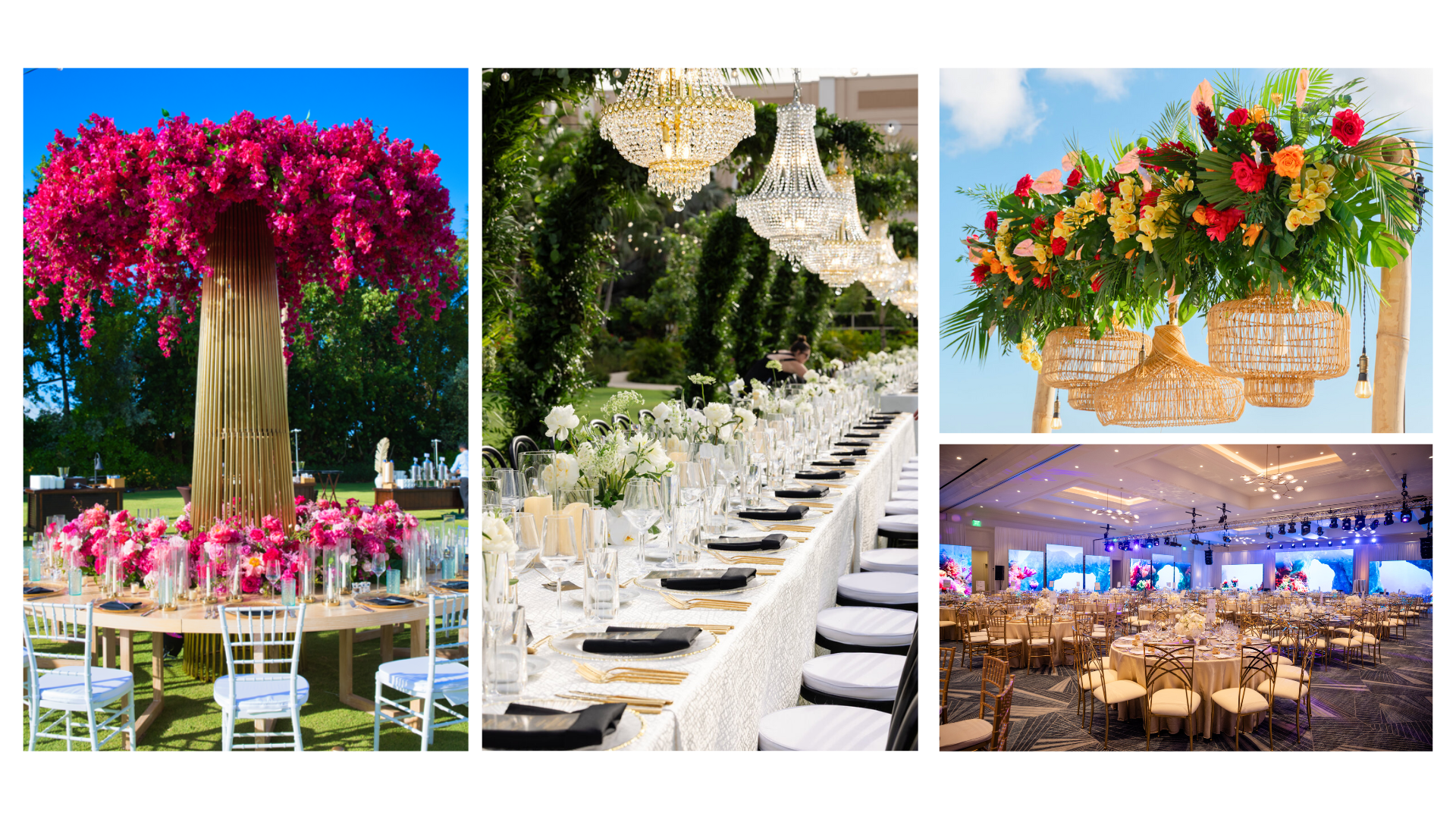 Three 15-foot floral arches covered in 10,000 pink silk bougainvilleas with cascading peonies illuminate 500+ guests at The Ritz Grand Cayman's ballroom