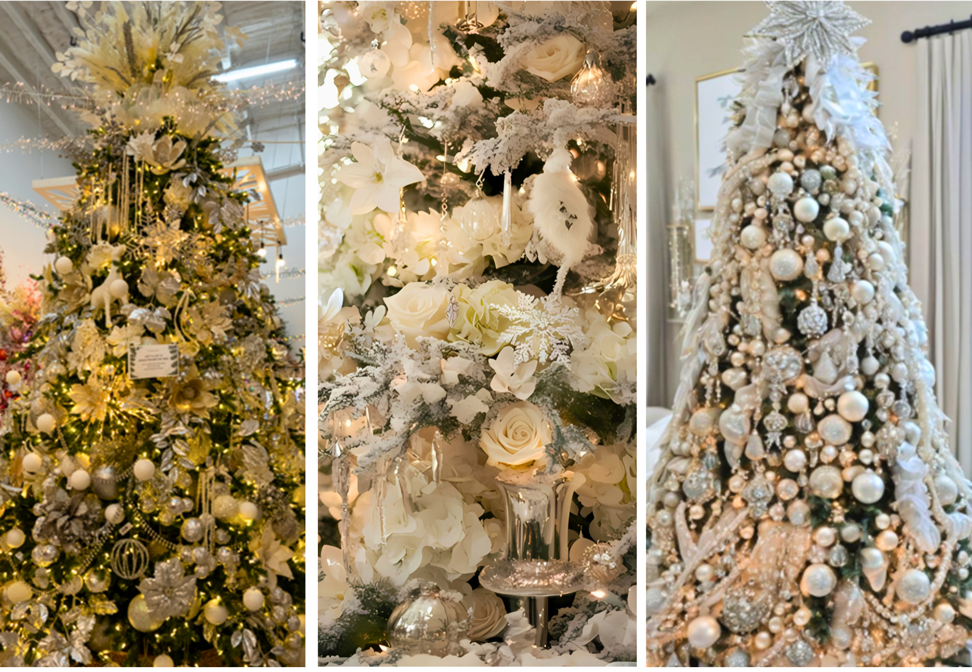 White and silver Christmas tree rental creating winter wonderland in tropical Cayman home
