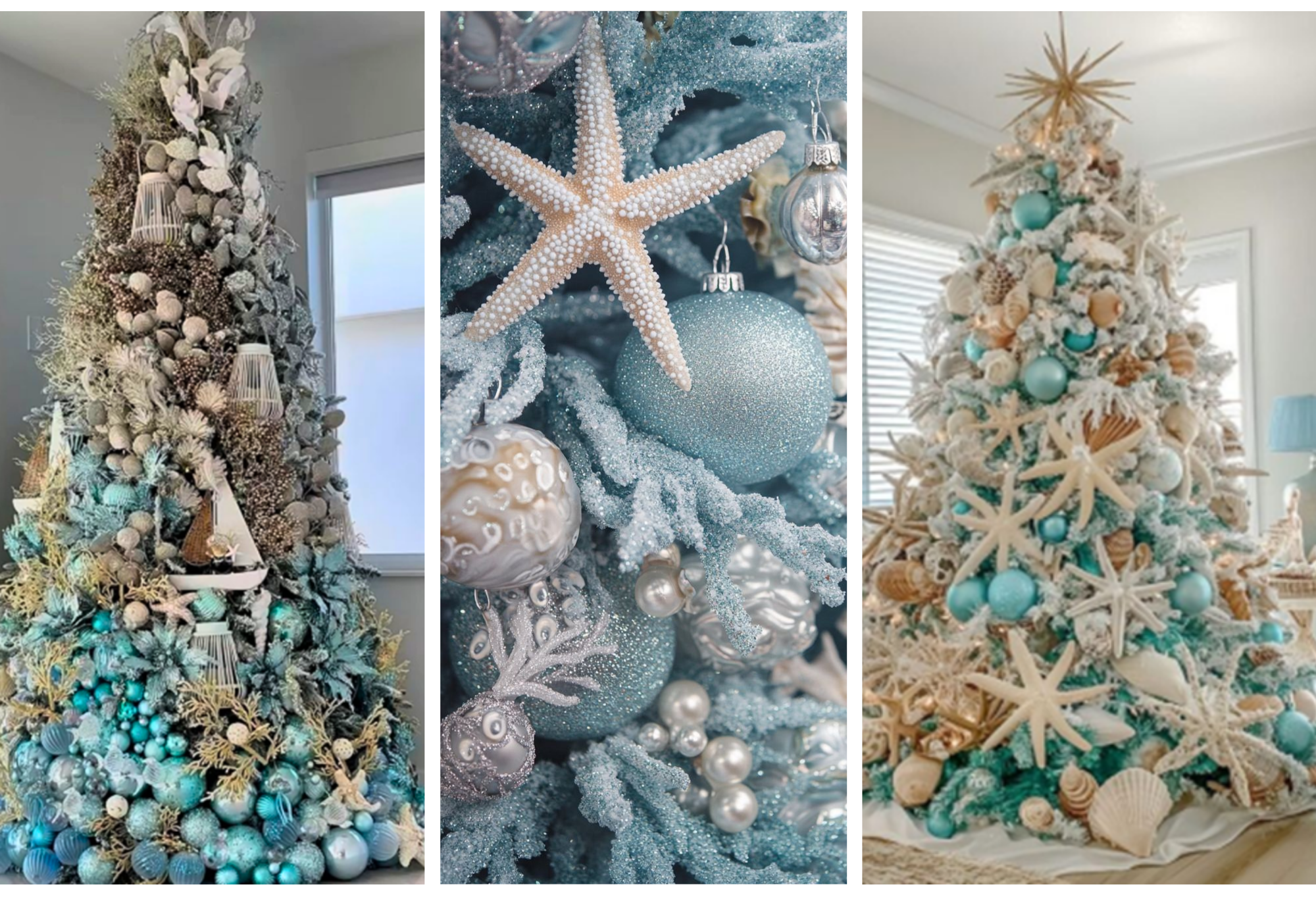 Under the sea coastal Christmas tree rental with seashells and ocean blue decorations Cayman Islands
