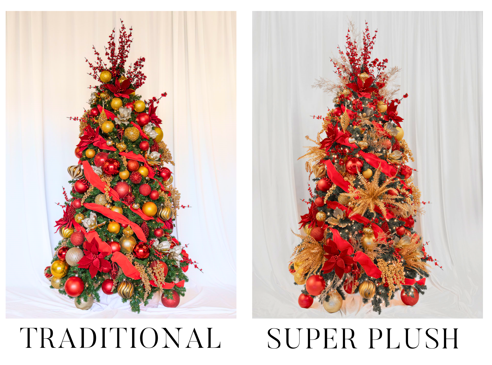 Traditional Christmas tree decorating level with classic baubles and silk florals

Super plush Christmas tree rental with premium ornaments and cascading ribbons
