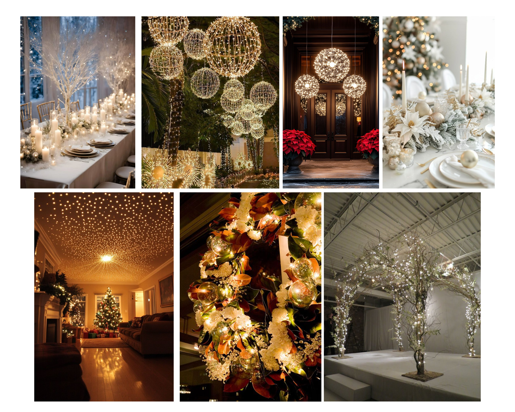 A magically lit room with layered ambient lighting, featuring warm LED candles, a softly glowing Christmas tree, and a spotlight on an elegant wreath.