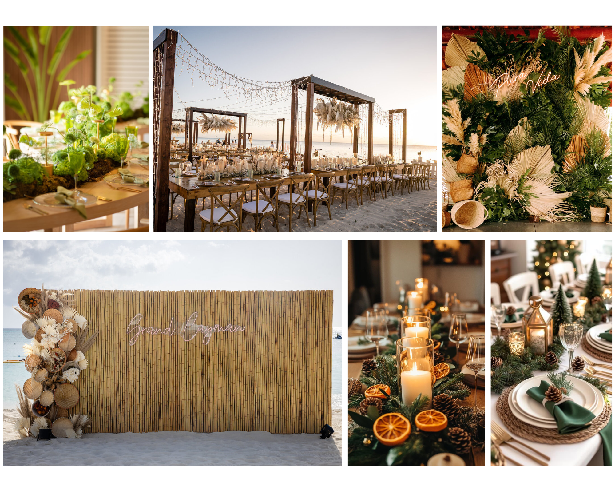 An eco-friendly holiday centerpiece with dried citrus slices, pampas grass, and palm fronds in terracotta and sage green tones, tied with natural jute ribbon on a table with bamboo plates.