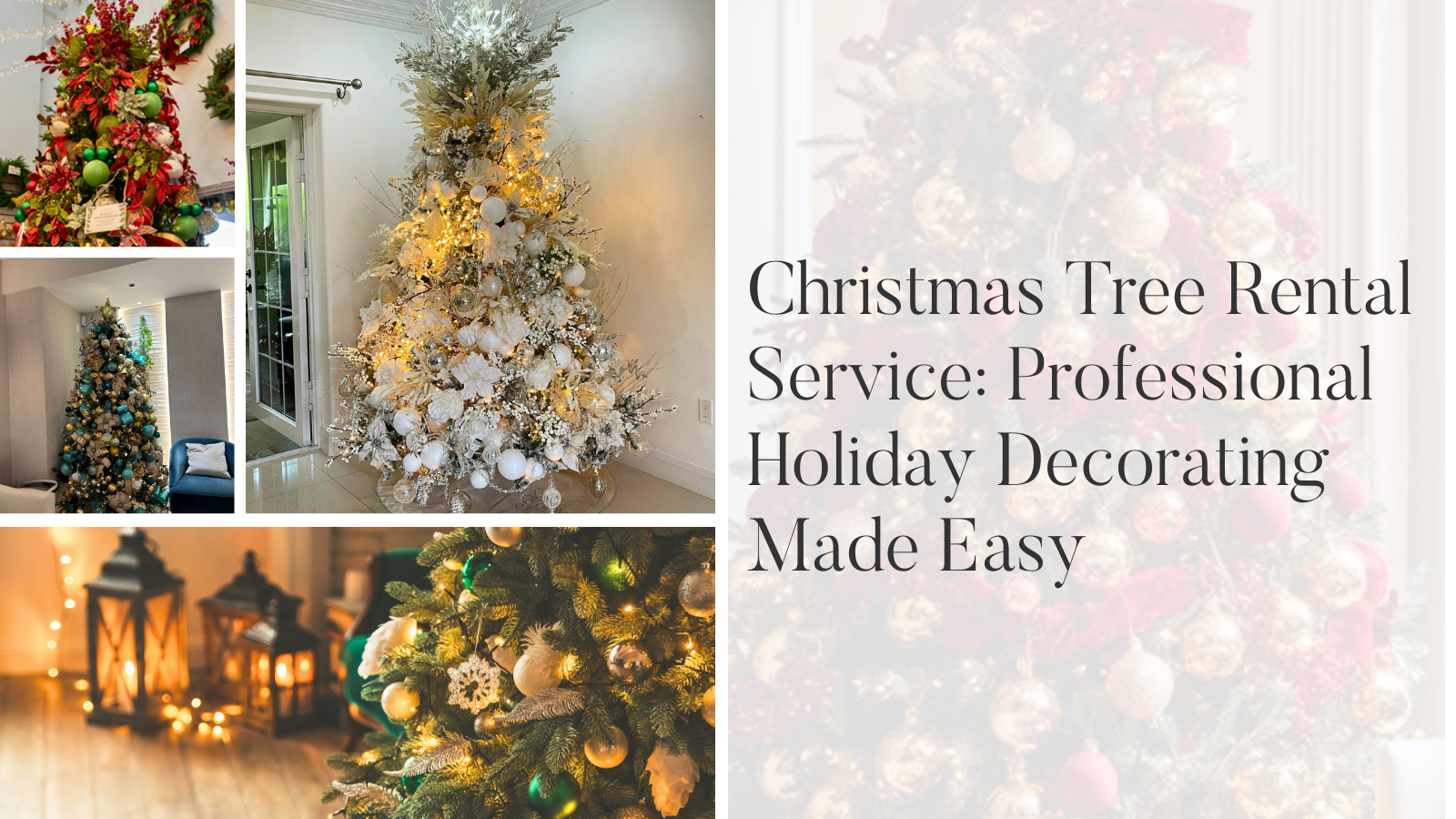 Professional Christmas tree rental service in Cayman Islands with gold ornaments and luxury decorating Fully decorated 7.5 foot Christmas tree rental with traditional red green gold theme in Cayman Islands home Celebrations Christmas tree rental team installing pre-lit holiday tree in George Town office