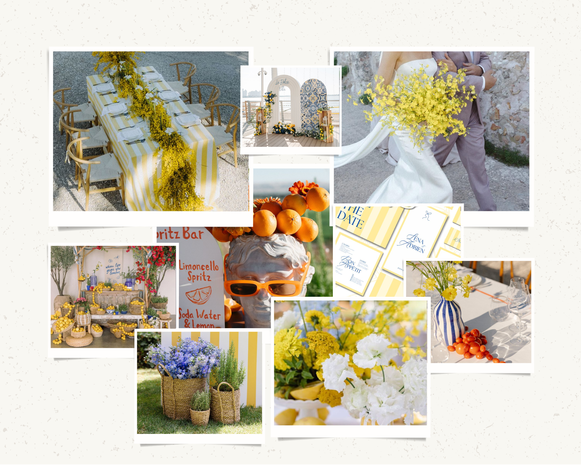 Inspired by sun-drenched coasts and serene landscapes, this timeless palette blends warm terracotta, organic olive, radiant gold, tranquil ocean blues, and crisp whites. Effortlessly relaxed and elegant, it's the perfect choice for island weddings that celebrate natural beauty and refined ease.