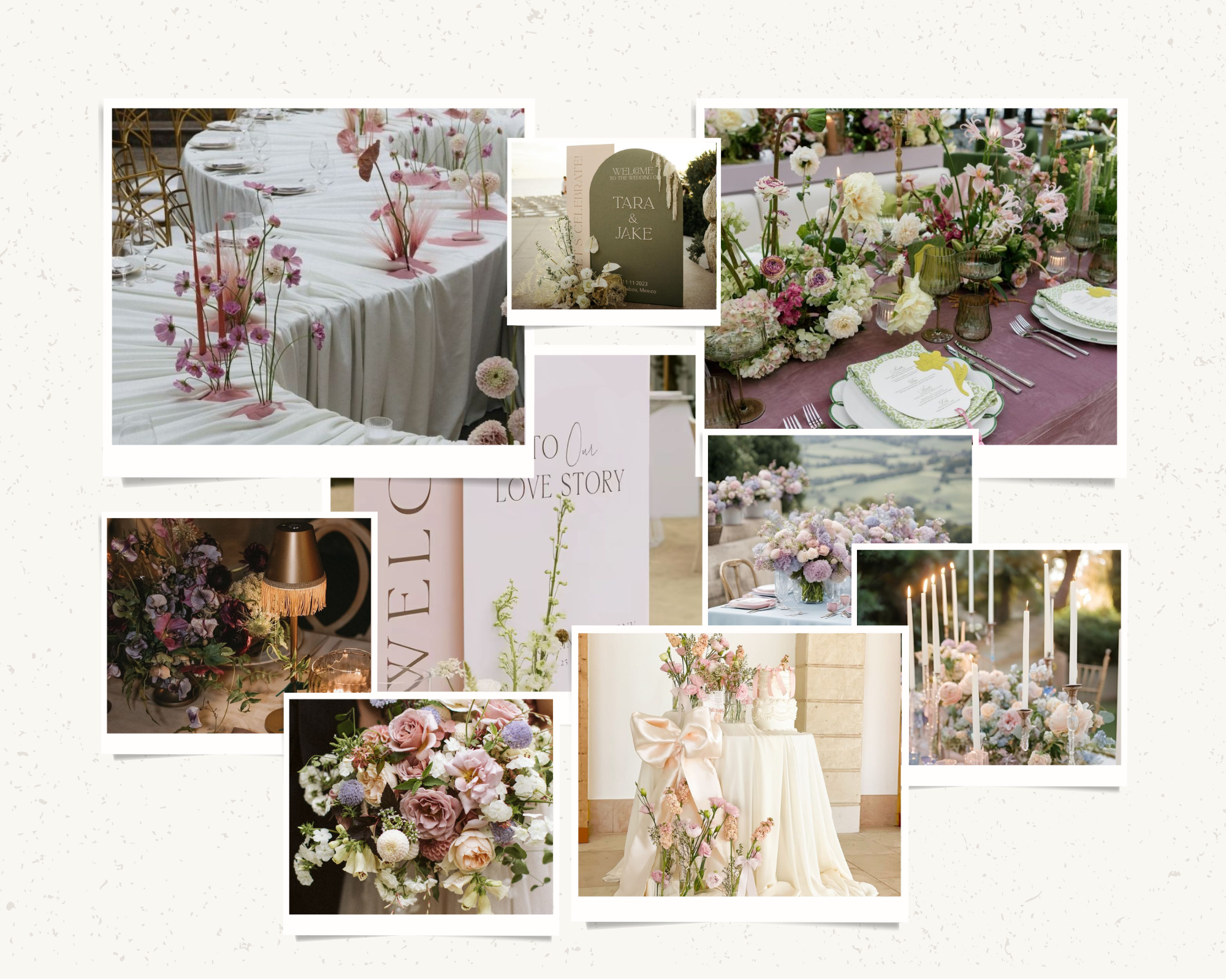 A soft color palette for a Cayman Islands wedding featuring dusty blue, blush pink, silvery grey, butter yellow, lilac, and rosewater, creating an ethereal and romantic setting.