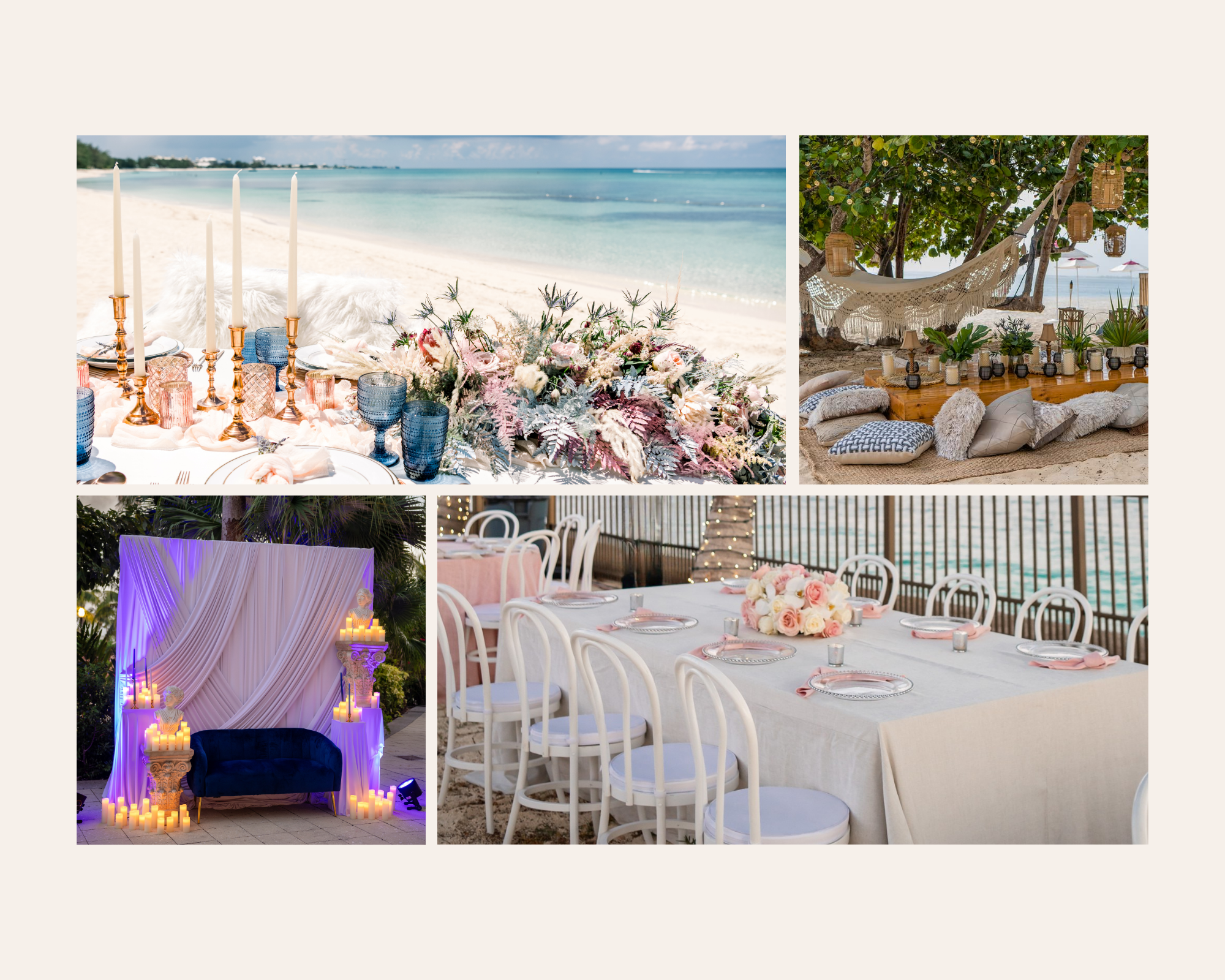 Celebrations Summer Series 2026 promotional banner: A stunning collection of party styling packages on a Cayman Islands beach, including the Signature Table, Island Picnic, and a lush 200-rose heart arrangement.