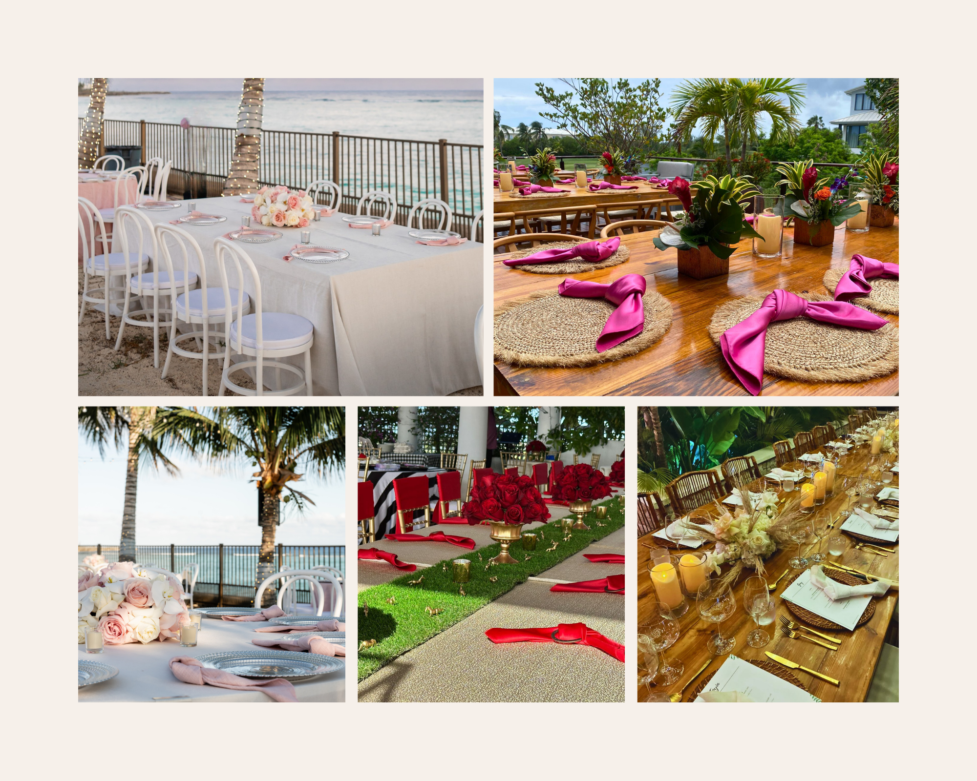 A professionally styled luxury dinner table in Grand Cayman featuring hand-picked fresh florals, a glowing LED candlescape, and premium linens for an intimate anniversary or wedding dinner.