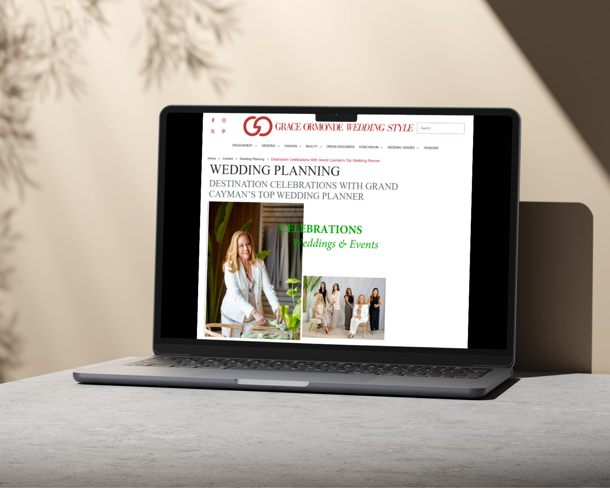 Mockup of Celebrations Weddings & Events featured on Grace Ormonde Wedding Style Magazine, showing Grand Cayman's top wedding planner Jo-Anne Brown on a laptop screen in a luxury office setting.
