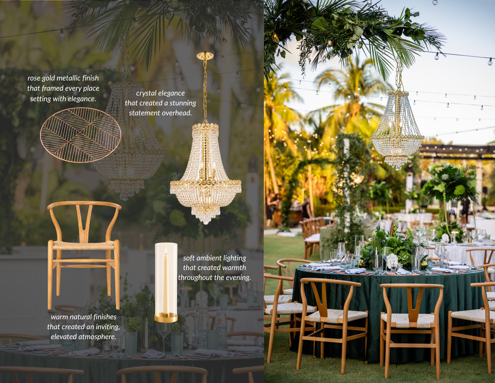 Close-up of a floral tablescape featuring a sage green hemstitched napkin, woven rattan cane charger plate, textured light-blue glass tumbler, and a modern gold cordless desk lamp on a white patterned tablecloth.