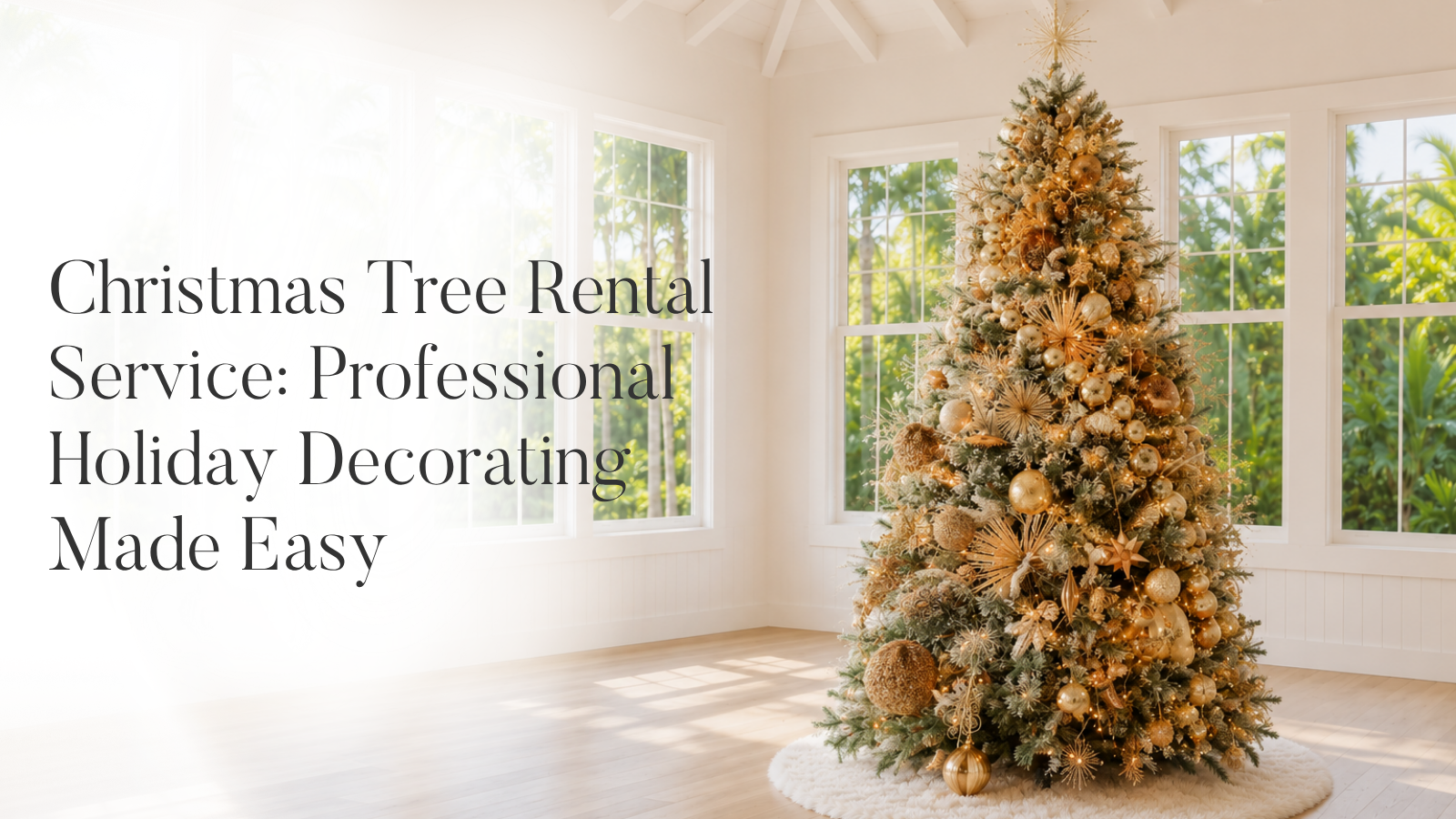 Professionally decorated gold Christmas tree rental displayed in a bright tropical Cayman Islands home.