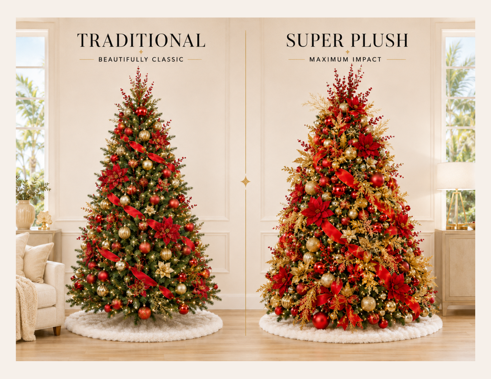 Traditional vs. Super Plush Comparison Side-by-side comparison of Traditional and Super Plush red and gold Christmas tree decor levels. Traditional Decor Level Traditional Christmas tree decor with classic red and gold baubles, ribbons, florals, and visible greenery. Super Plush Decor Level Super Plush Christmas tree densely decorated with red and gold ornaments, ribbons, florals, and luxury accents.