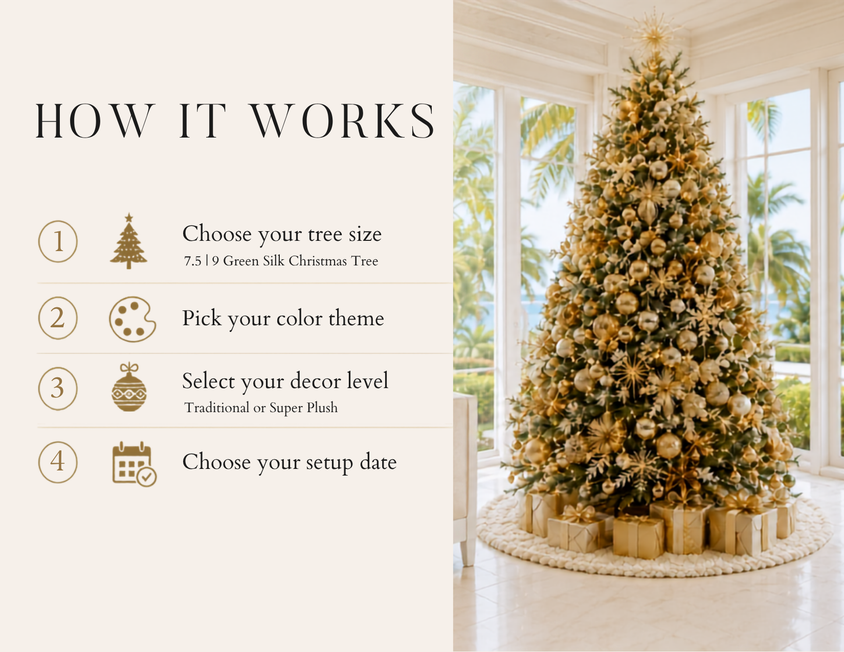 Professionally decorated gold Christmas tree rental displayed in a bright tropical Cayman Islands home.
