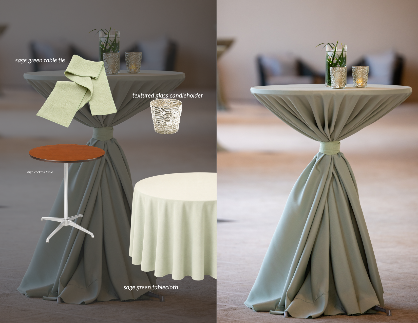 High cocktail table draped in a sage green tablecloth tied with a matching linen band, accented with a simple green foliage centerpiece and textured glass candleholder.