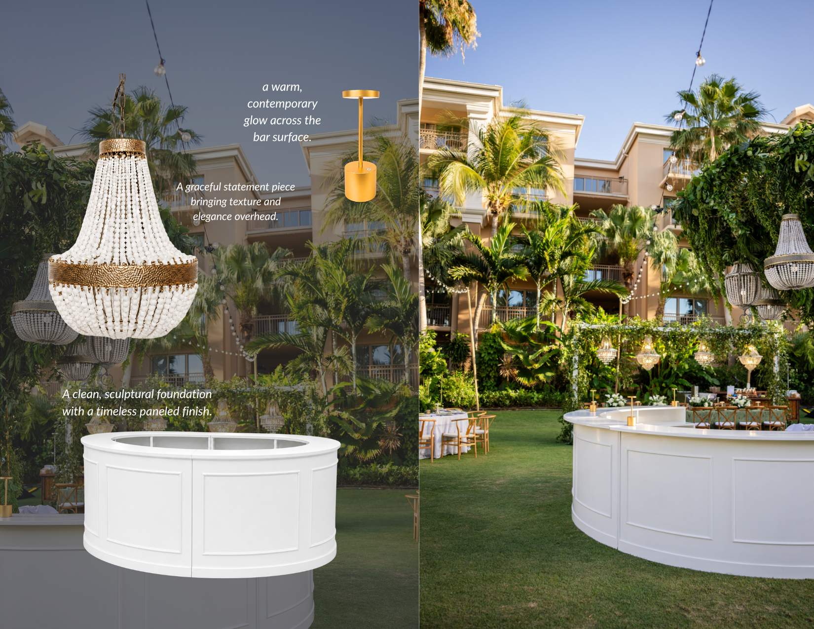 urved white paneled bar set up on a manicured lawn under palm trees, illuminated by hanging white beaded chandeliers overhead and mini brass lamps along the bar top.