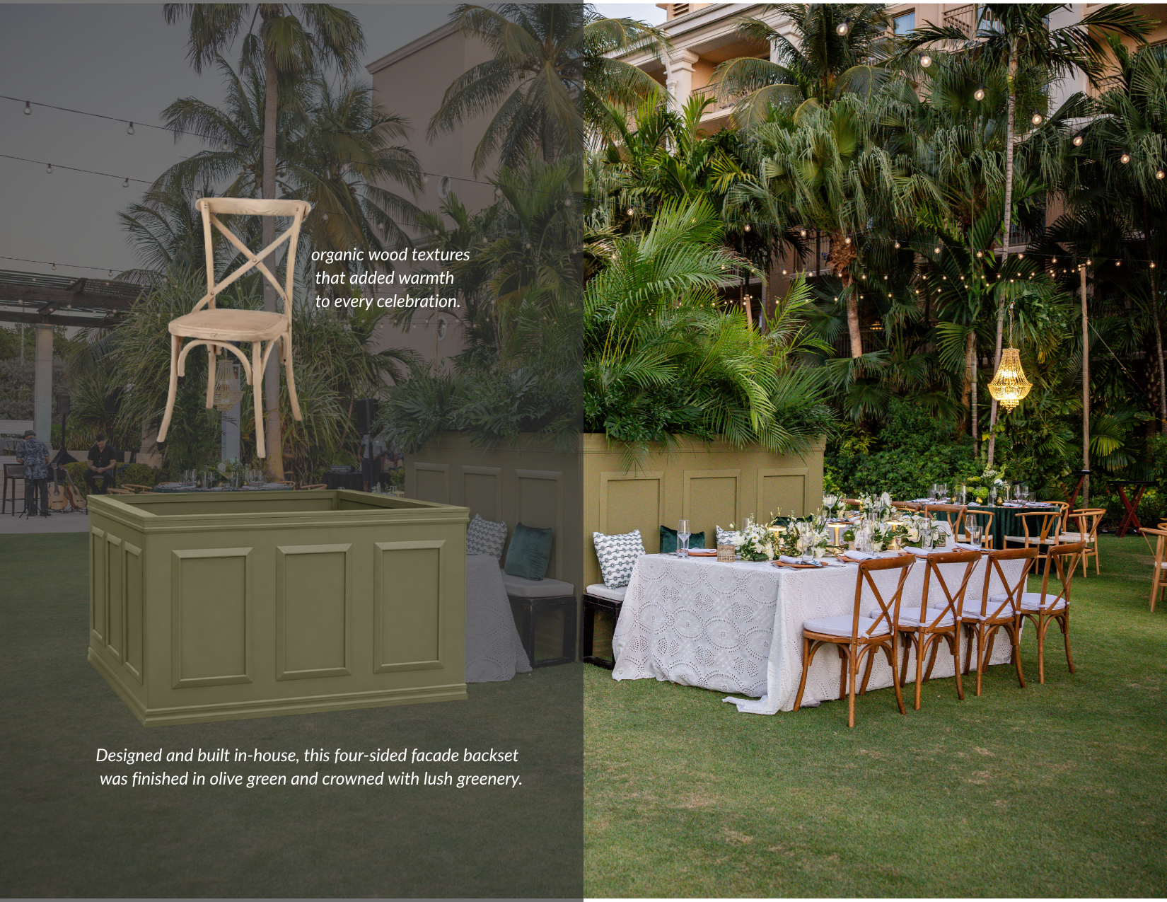 Long dining table set with white eyelet linen and wooden cross-back chairs positioned in front of a custom olive green paneled wall topped with lush greenery.
