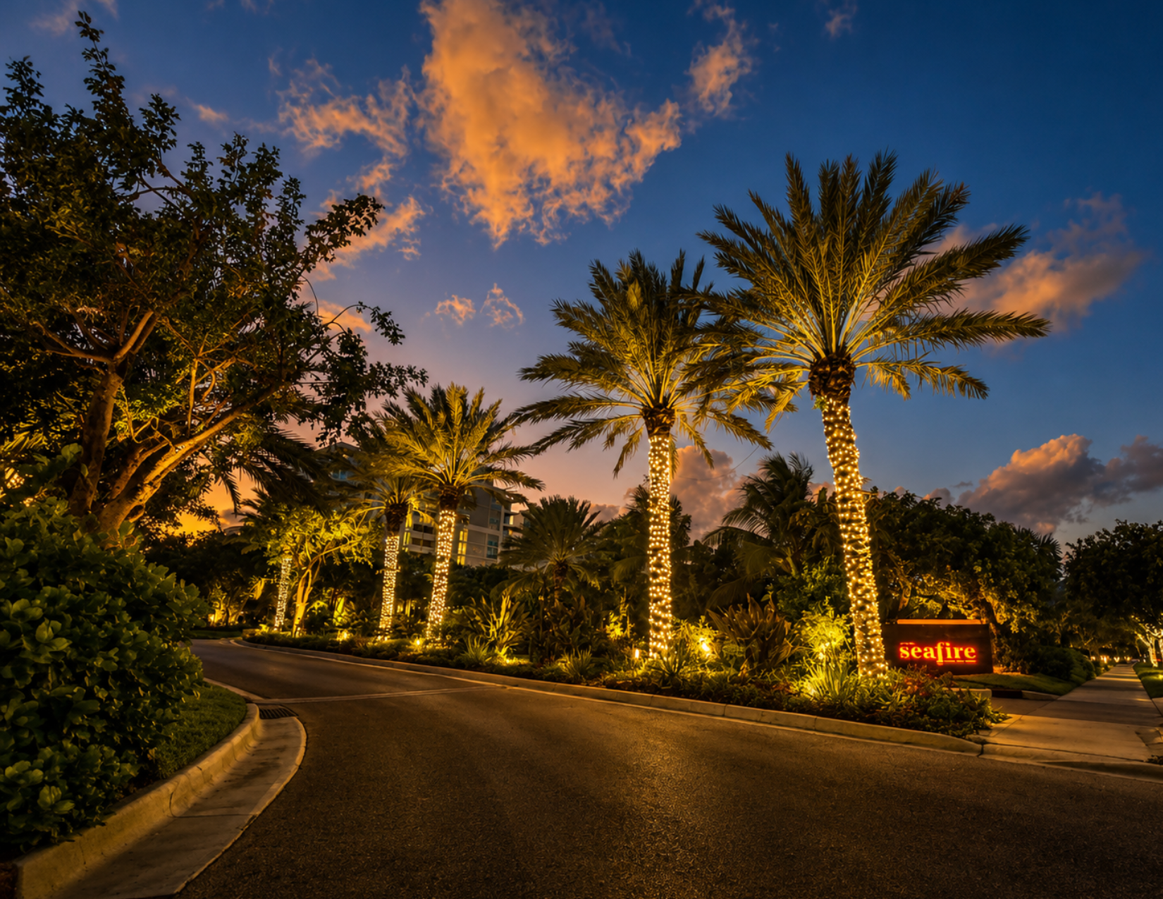 Christmas lighting illuminates palm trees and tropical landscaping along a luxury Kimpton Seafire property at dusk.