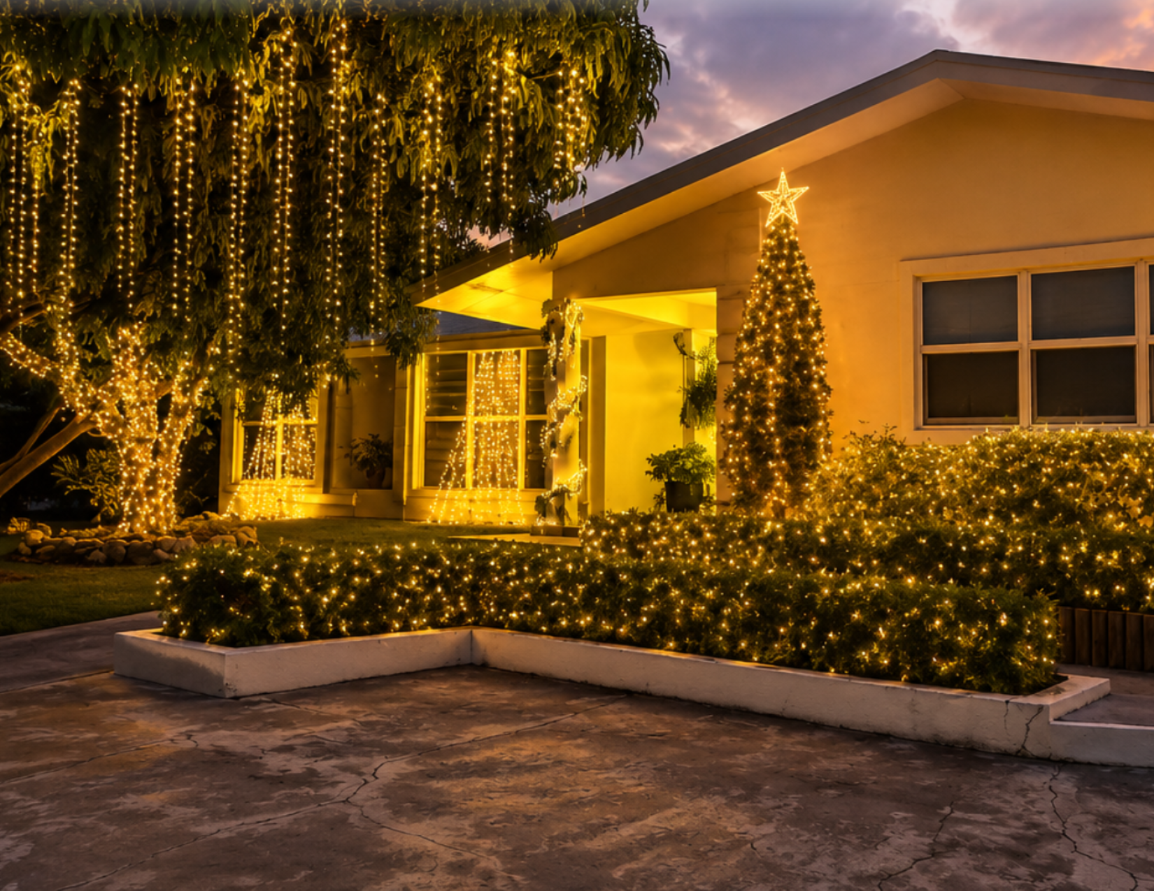 Warm white Christmas lights illuminate the exterior of a Cayman Islands home, highlighting the roofline, tropical landscaping, and surrounding trees at night.