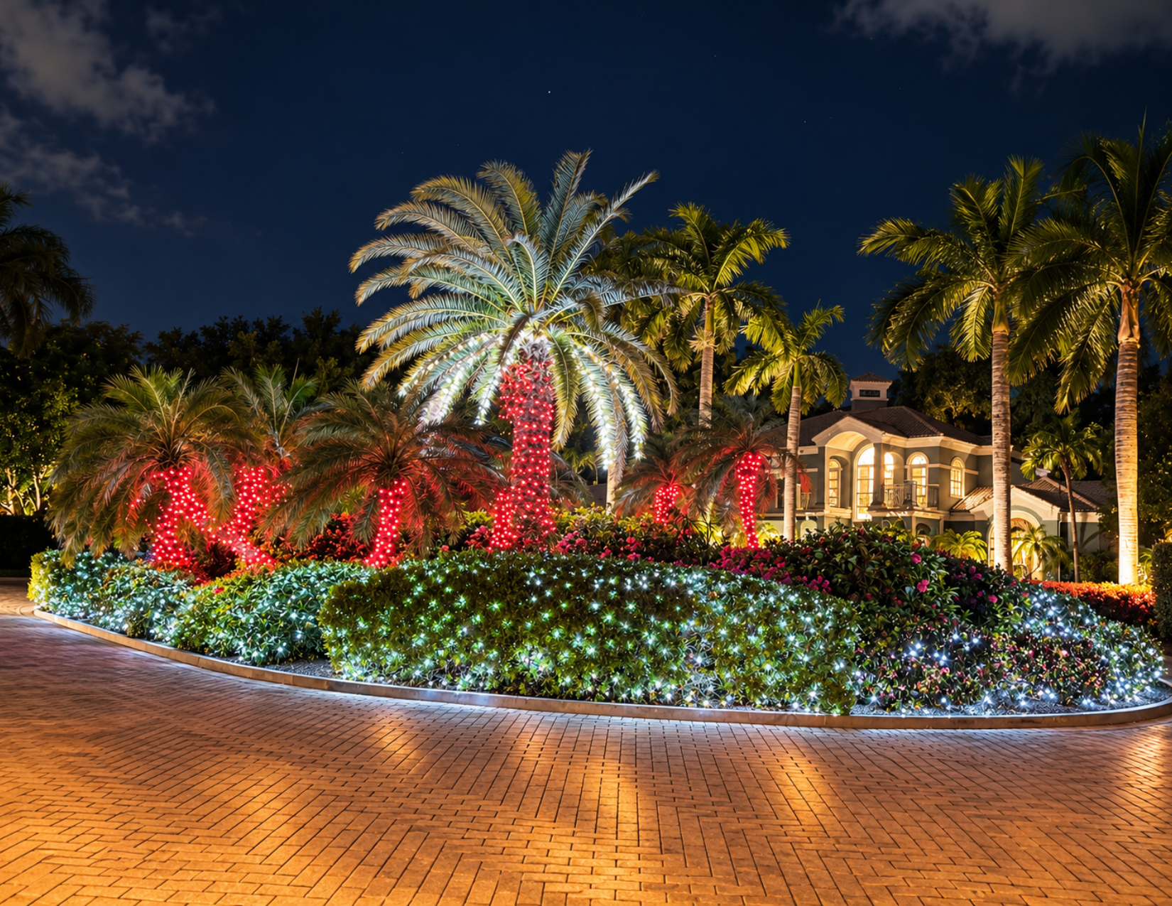 Palm trees and tropical landscaping wrapped in red and white Christmas lights illuminate a luxury Cayman Islands property at night.
